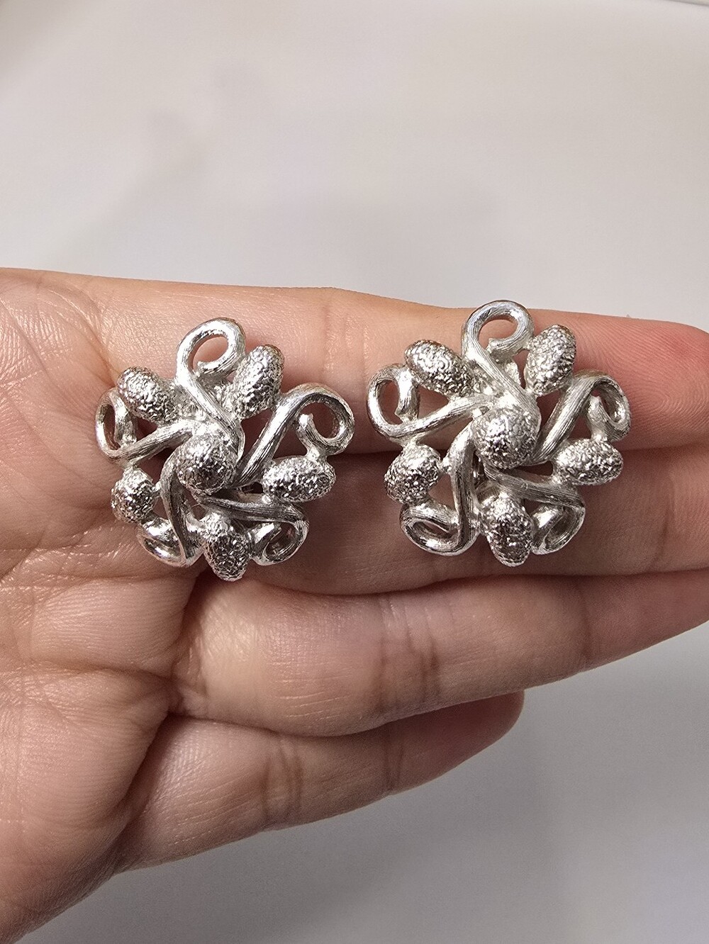 Vintage Monet Silver Floral Knot Clip-On Earrings - Women Jewelry